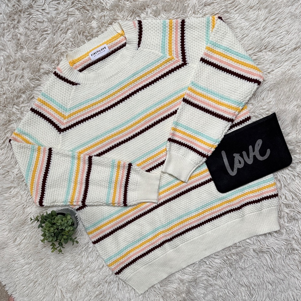 First Love Striped Crewneck Knit  Sweater 💗 White & Multicolor